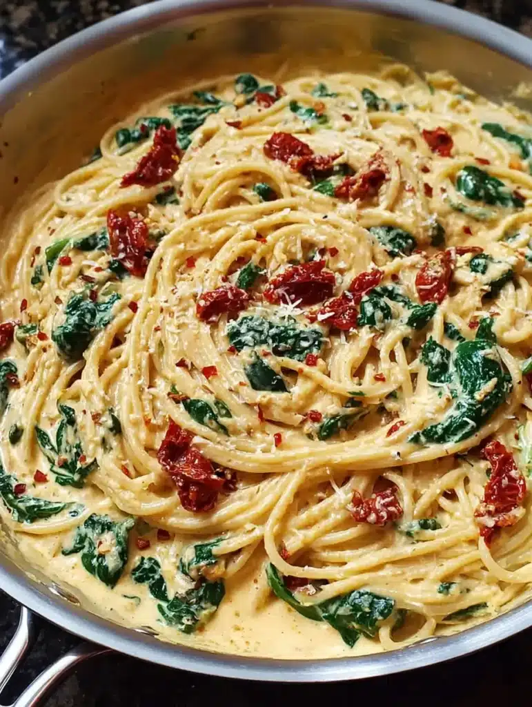 Finished creamy spaghetti dish