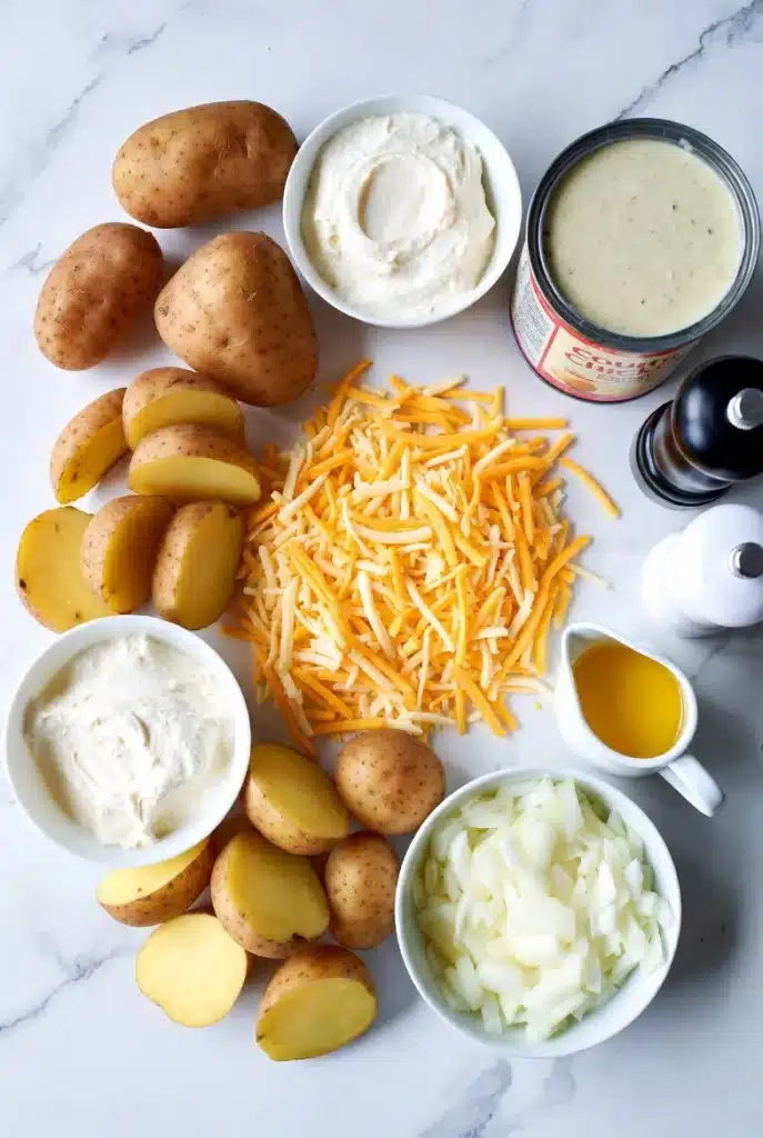 Country Club Potatoes: An Irresistible Comfort Food Delight 7 Flat lay of all ingredients needed for Country Club Potatoes