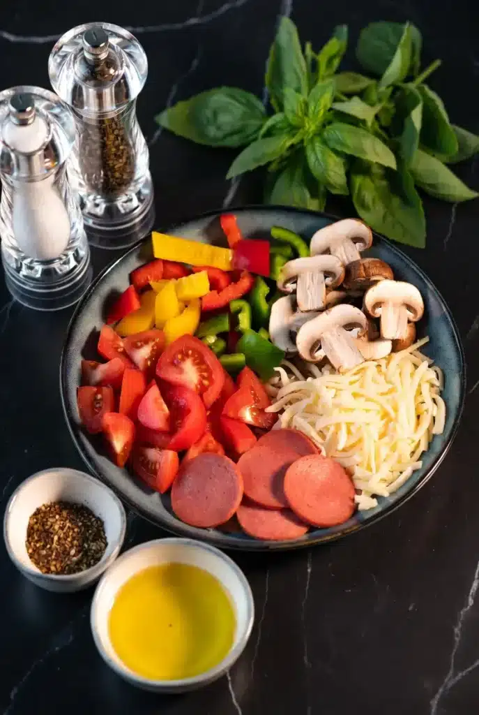 Flat lay of all ingredients needed to make a Crustless Pizza Bow