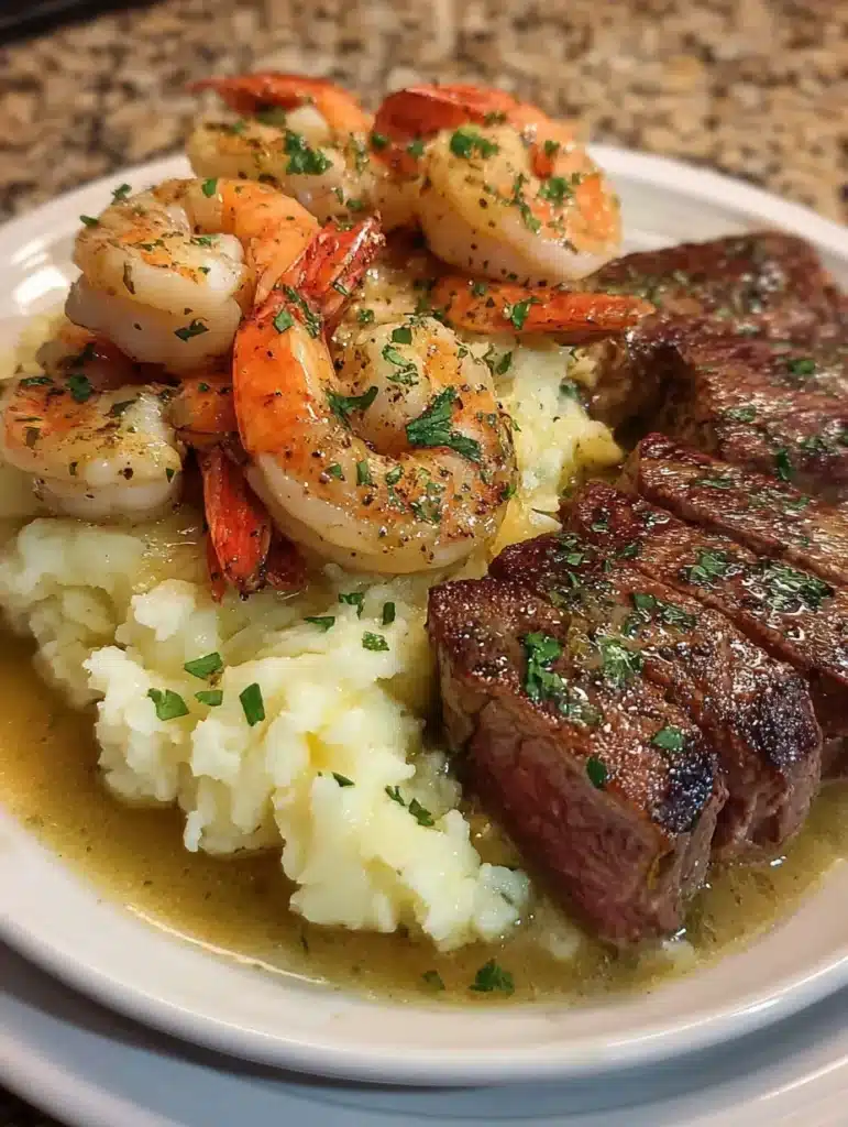 Garlic Butter Steak & Shrimp over Creamy Mashed Potatoes