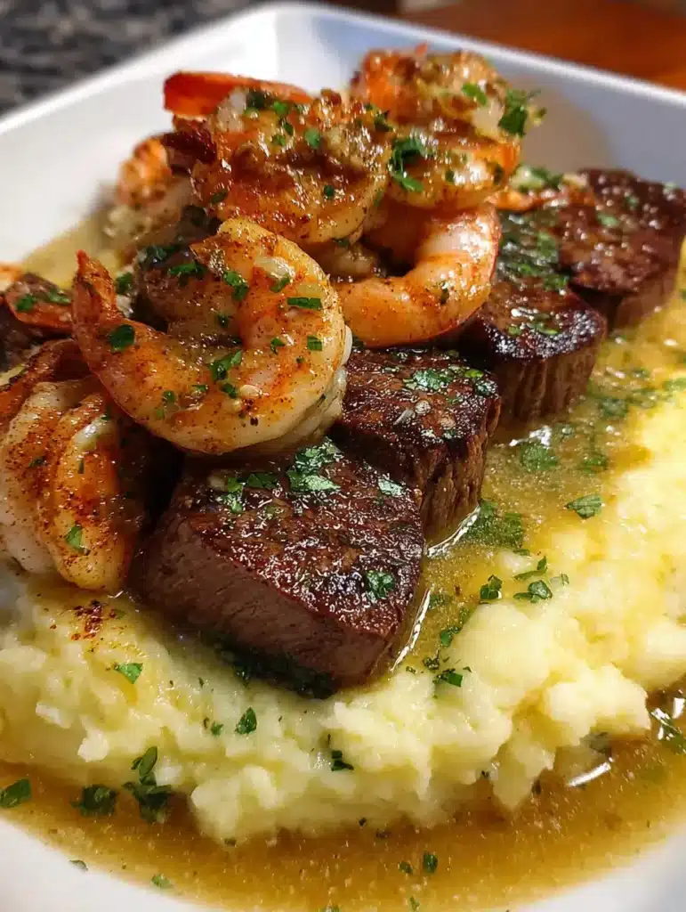 Garlic butter steak and shrimp plated