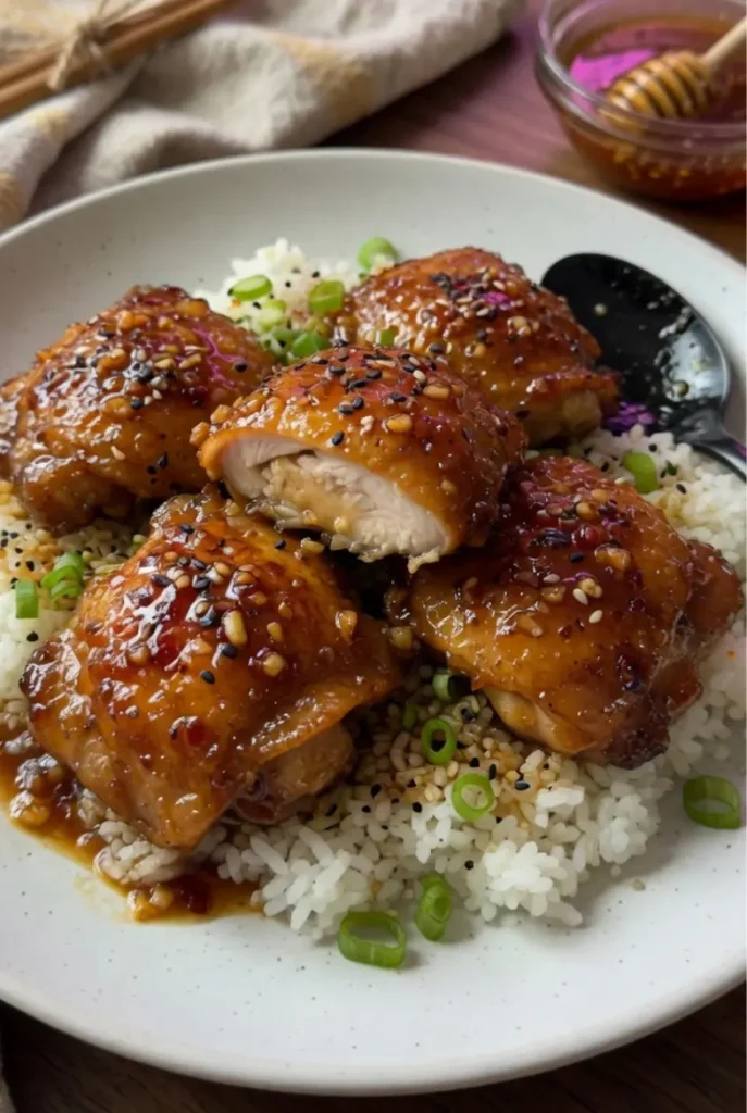 Honey Garlic Chicken Thighs glazed and crispy