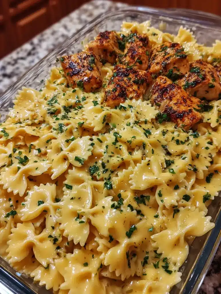 Mozzarella Garlic Butter Chicken Bowties in Cheesy Velveeta