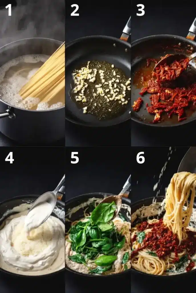 Step-by-step visual guide for Creamy Sun-Dried Tomato Spinach Spaghetti