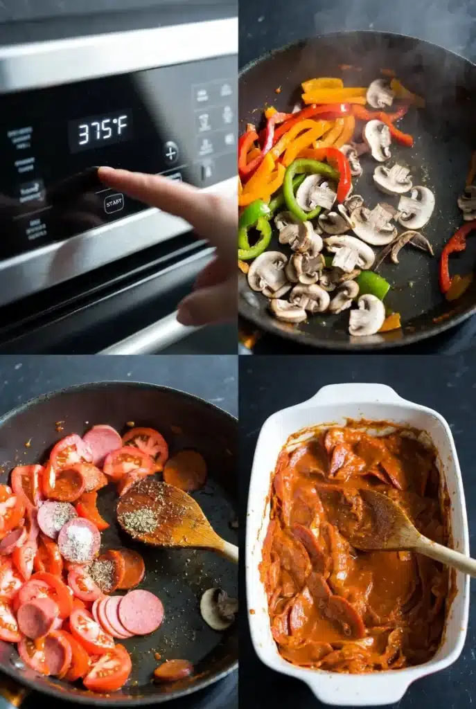 Step-by-step visual guide for the first four steps of Crustless Pizza Bow