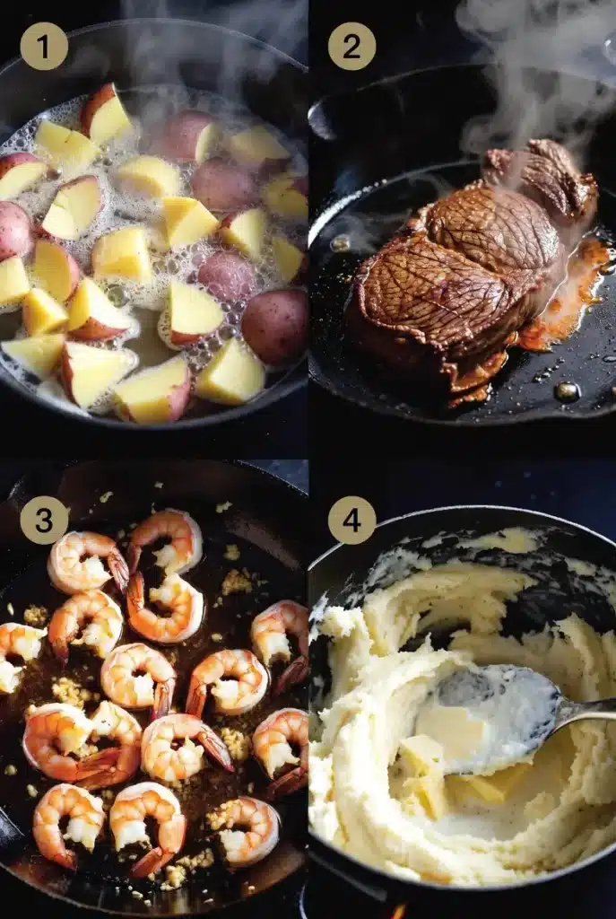 Step-by-step visual guide showing how to make Garlic Butter Steak & Shrimp over Creamy Mashed Potatoes boiling chopped potatoes, searing steak, sautéing garlic shrimp, and mashing creamy potatoes.