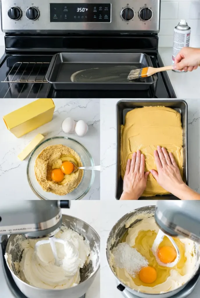 Easy Neiman Marcus Cake Recipe (Only 6 Ingredients) 8 Steps 1–3 for Gooey Butter Cake preheating the oven, making the buttery base, and preparing the rich cream cheese filling.