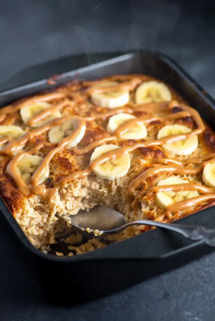 baked oatmeal with golden top and banana slices