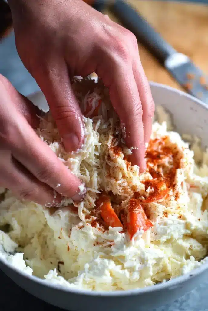 crab meat mixed with creamy cheese filling in a bowl