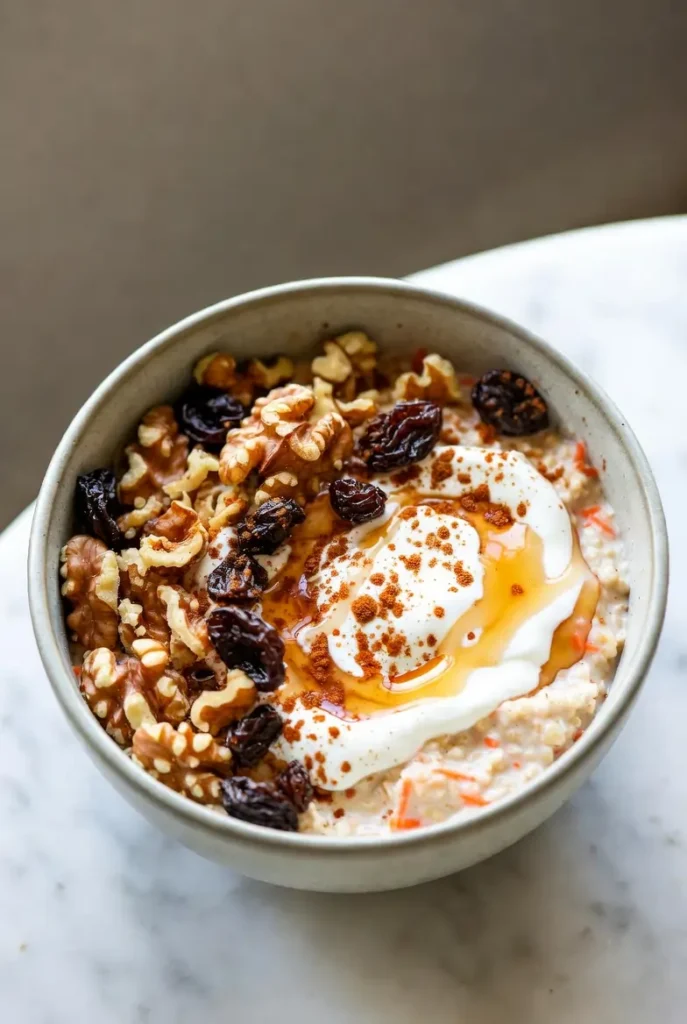 creamy oats topped with nuts and coconut flakes