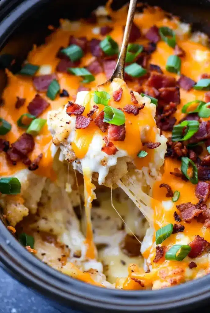 Easy Crockpot Swamp Potatoes (Creamy, Cheesy & Loaded) 13 creamy potatoes with melted cheese and crispy topping