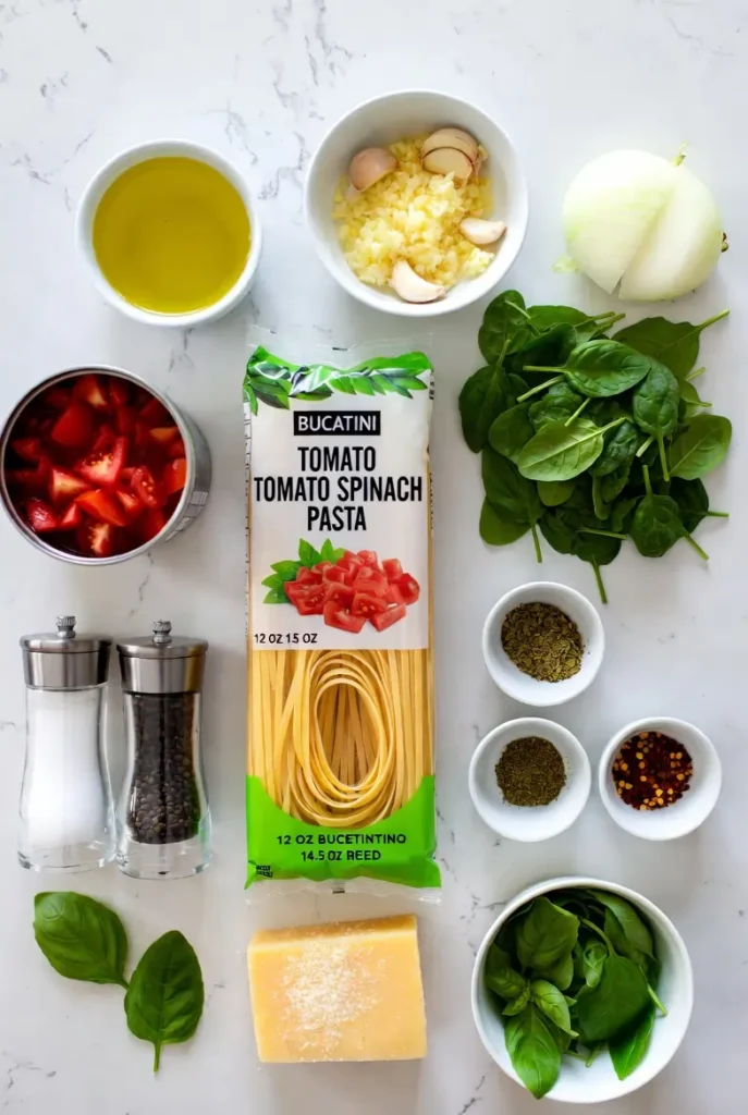fresh pasta ingredients including tomatoes spinach garlic and oil