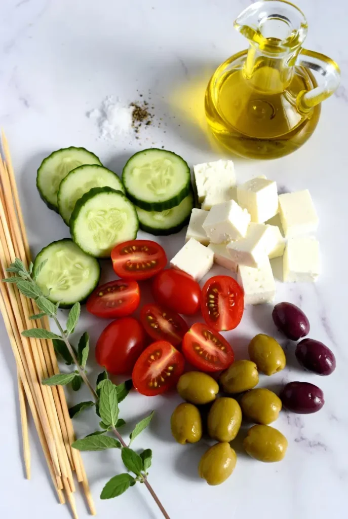 ingredients for Greek feta cucumber skewers
