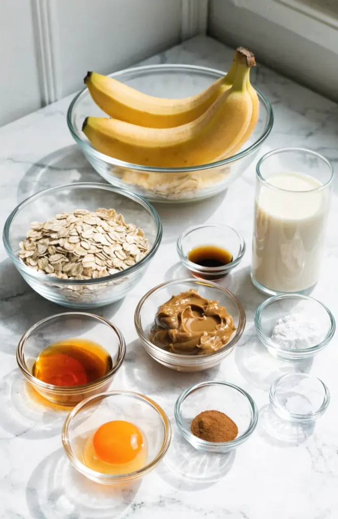 Peanut butter banana baked oatmeal ingredients with creamy banana and oats