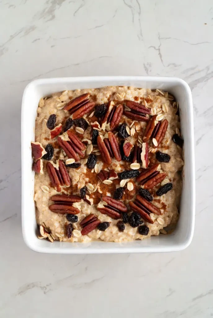 oatmeal batter in baking dish topped with nuts