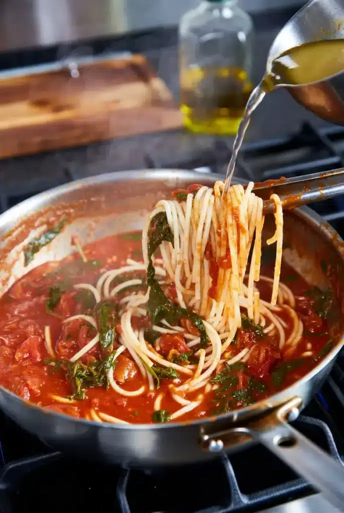 pasta tossed with sauce in a pan
