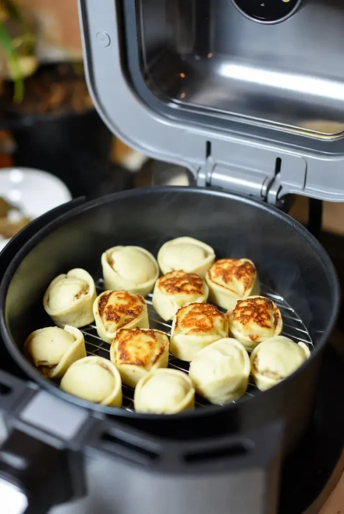 pizza bites cooking in air fryer basket