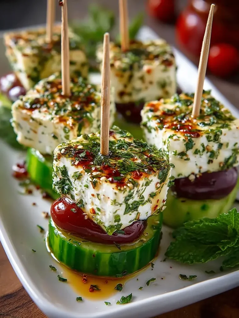 plated Greek feta cucumber skewers