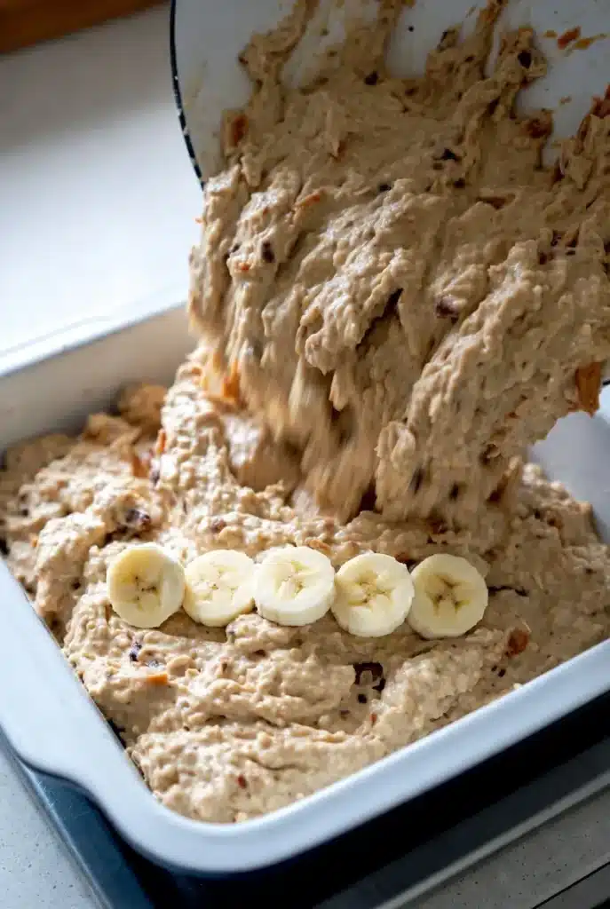 pouring oatmeal batter into a greased baking dish