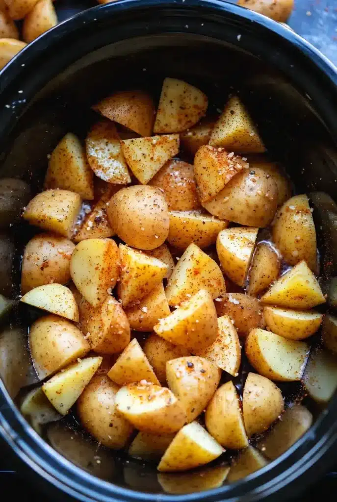 Easy Crockpot Swamp Potatoes (Creamy, Cheesy & Loaded) 10 raw seasoned potatoes layered in a slow cooker