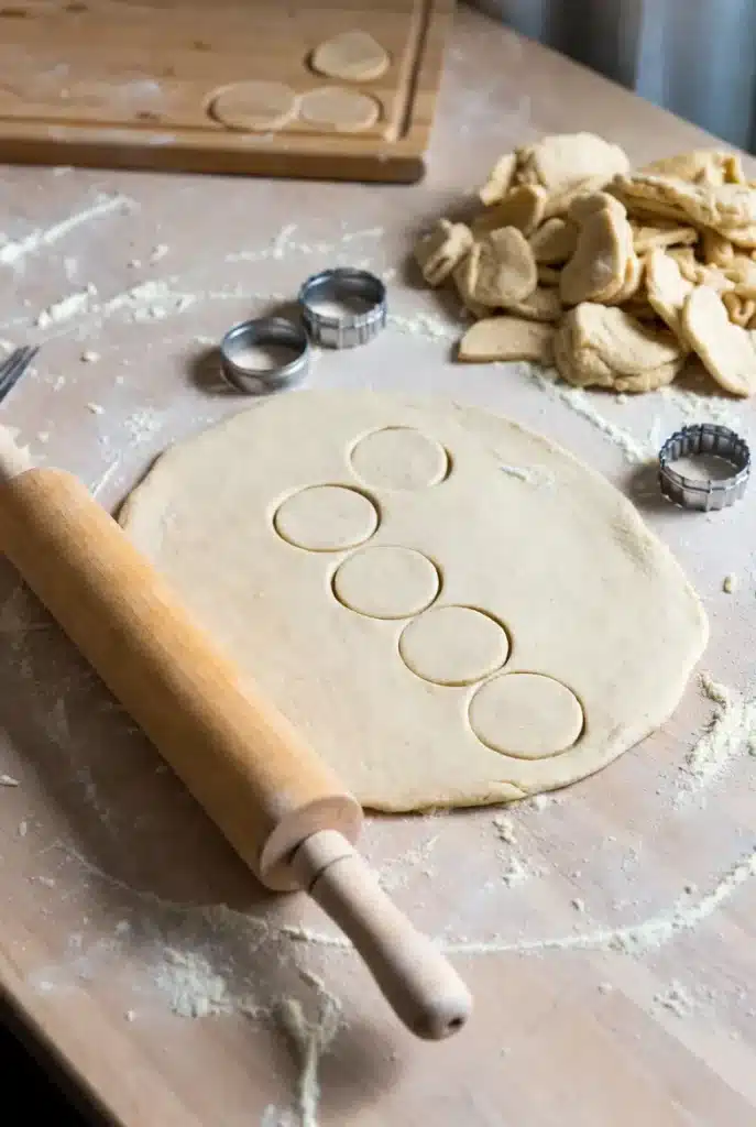 rolling and cutting dough into small circles on floured surface
