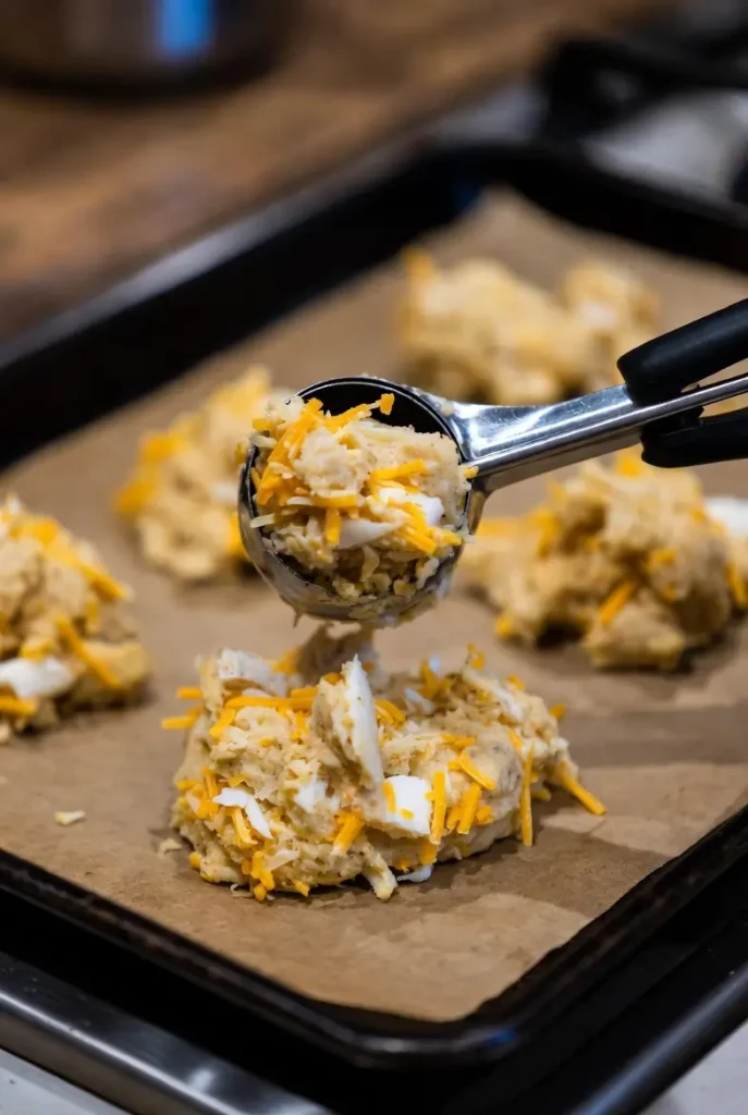 scooping thick dough onto a lined baking tray