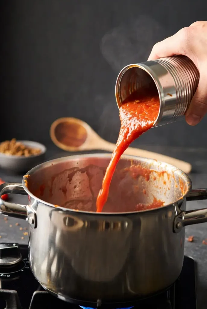 tomato sauce simmering with spices in a pan