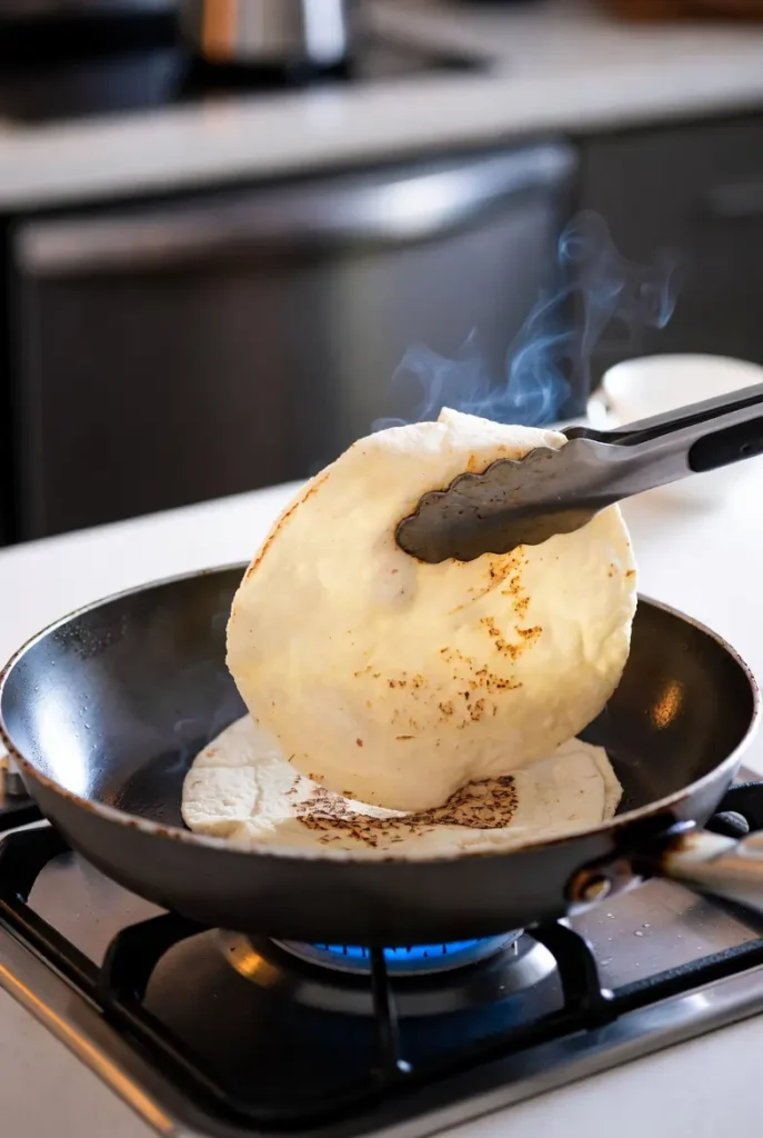 tortillas warming in a skillet until soft and flexible