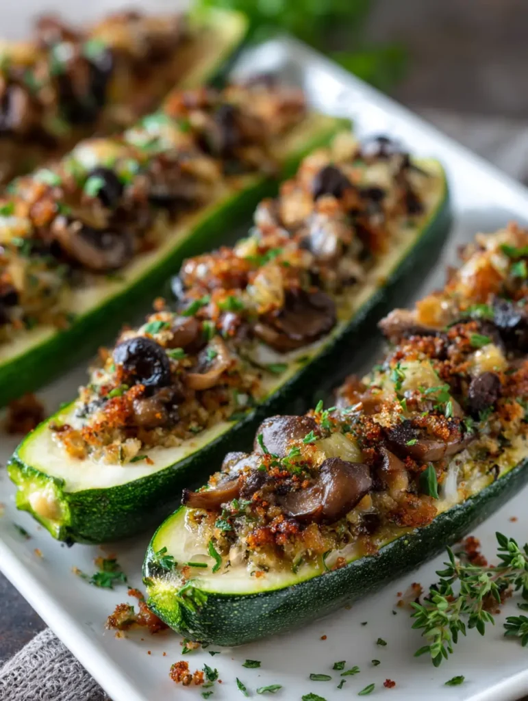 Mushroom & Herb Stuffed Zucchini Boats Recipe 9 Golden baked zucchini topped with herbs and served fresh from the oven