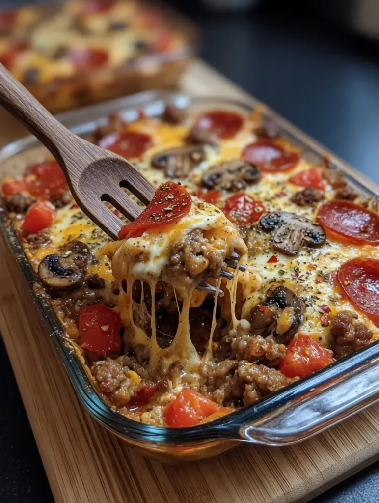 Baked cheesy pizza casserole slice being lifted with a spatula