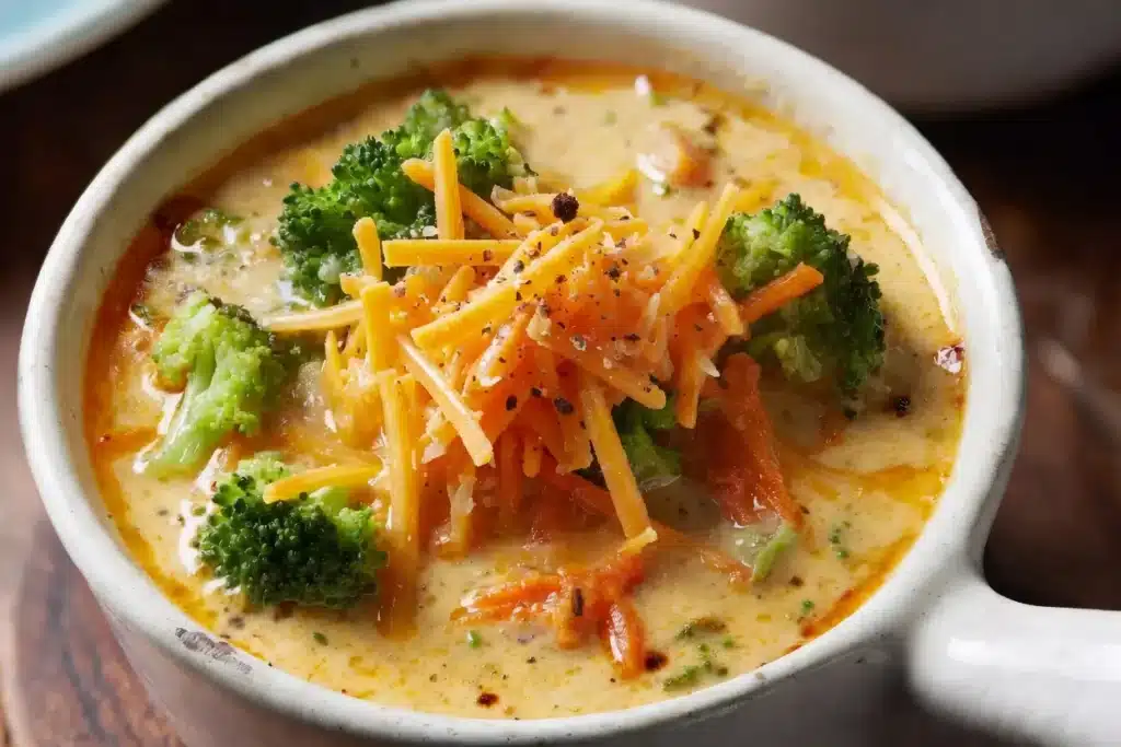 Copycat Panera Broccoli Cheddar Soup for Cozy Dinners 9 Thick creamy soup topped with shredded cheese and served hot for dinner