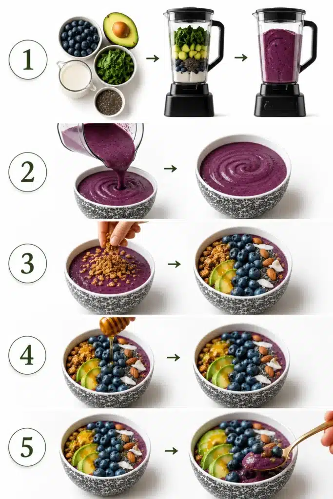 Blender filled with frozen berries and banana being prepared for a smoothie bowl recipe