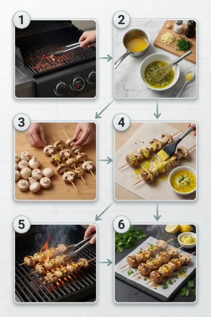 Mushrooms cooking on skewers while garlic butter is brushed over the top