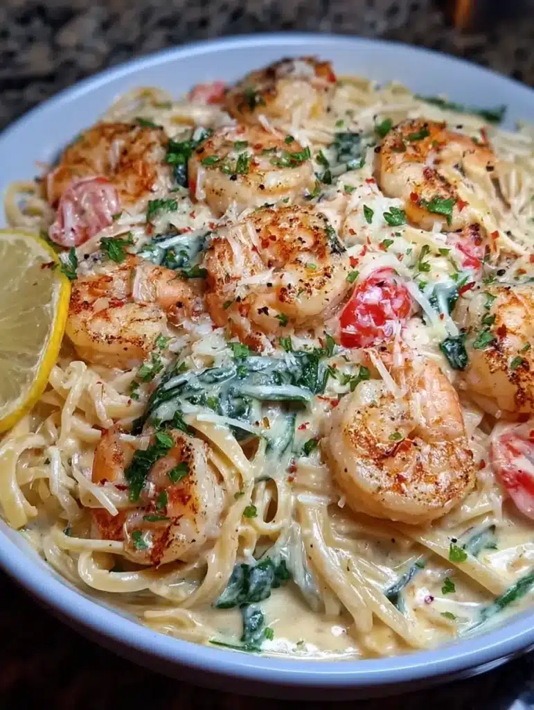 Savory and Delightful Cheesy Garlic Shrimp Pasta 6 Creamy shrimp pasta topped with melted cheese and fresh parsley