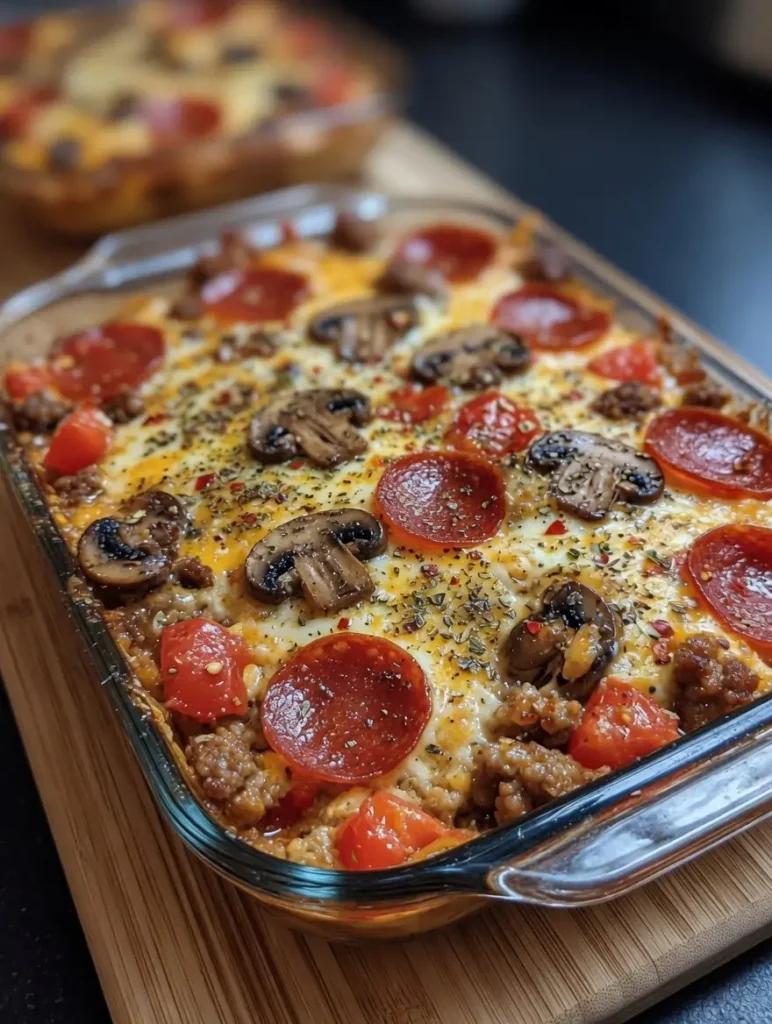 Cheesy pizza casserole bake golden and bubbling in a white baking dish