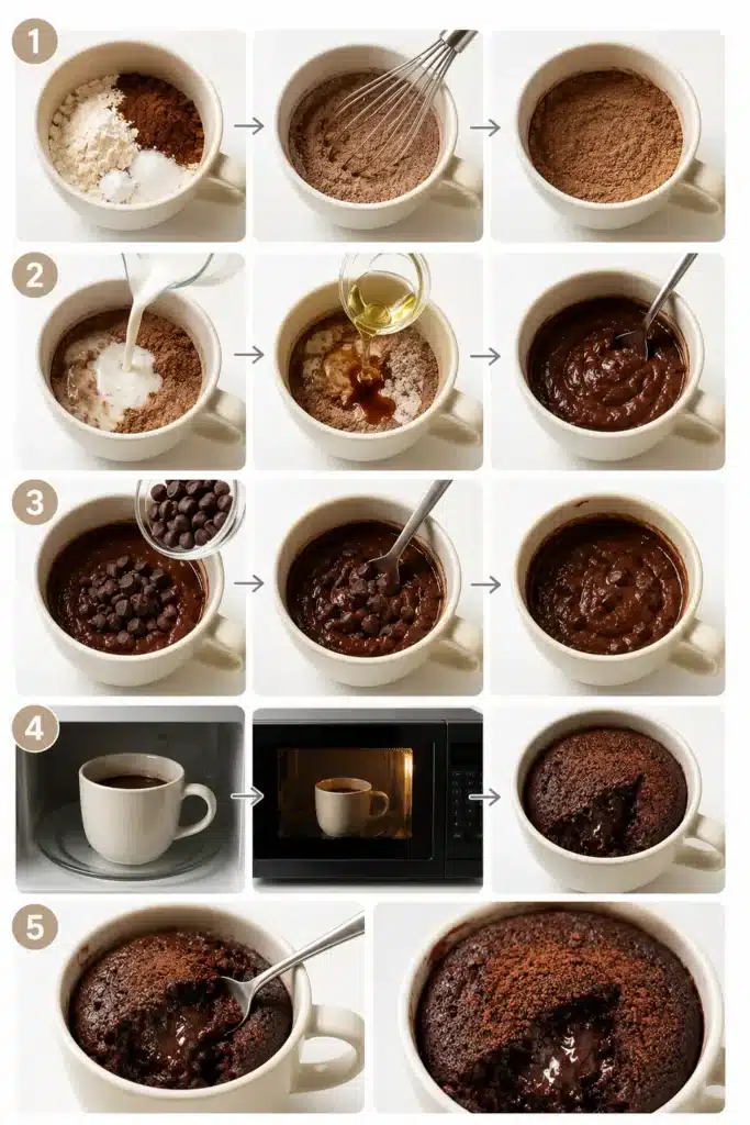 Step-by-step process of mixing and microwaving a chocolate dessert in a mug