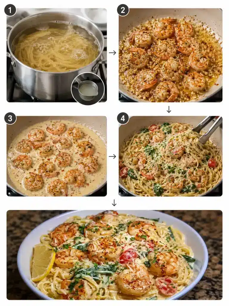 Savory and Delightful Cheesy Garlic Shrimp Pasta 8 Shrimp cooking in a skillet with garlic butter sauce and seasonings