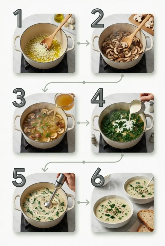 Mushrooms and kale cooking together in a large soup pot on the stove