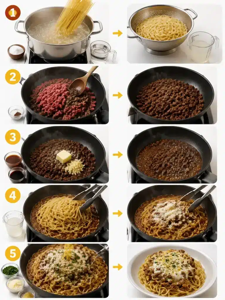 Ground beef browning in a skillet with garlic and melted butter