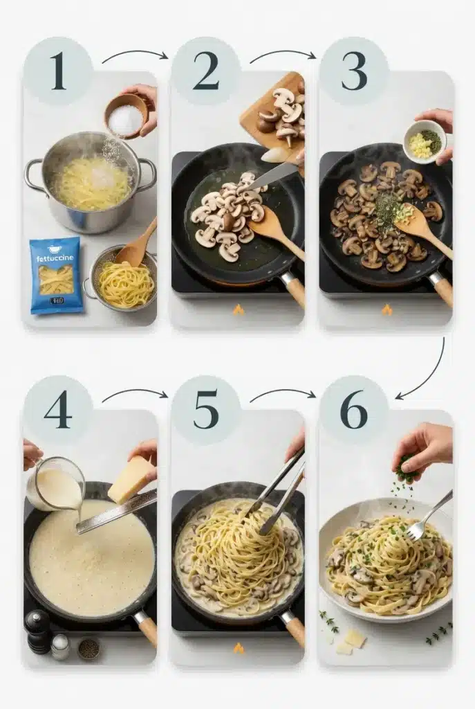 Sliced mushrooms cooking in a skillet with garlic and creamy sauce