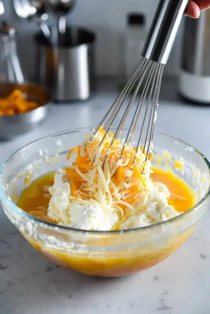  Cream cheese, eggs, and shredded mozzarella whisked together in a bowl