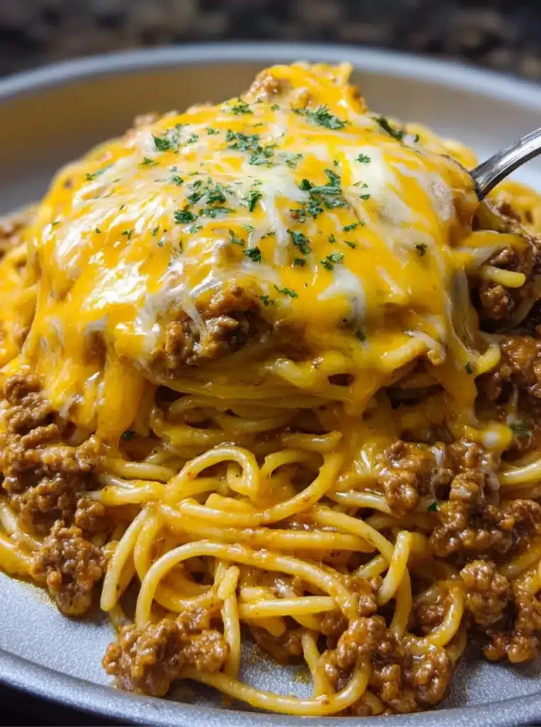 Close-up of buttery pasta topped with beef and parmesan cheese
