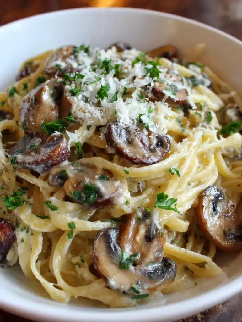 Creamy mushroom pasta with garlic parmesan sauce served in a rustic bowl