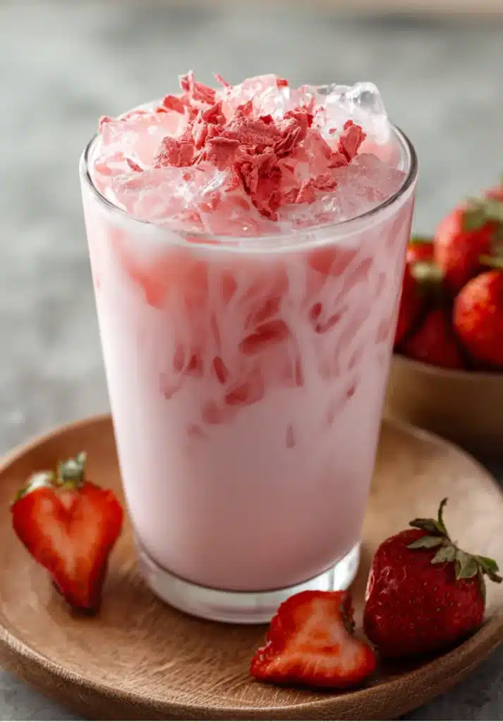 Chilled pink fruit drink garnished with strawberries and served over ice