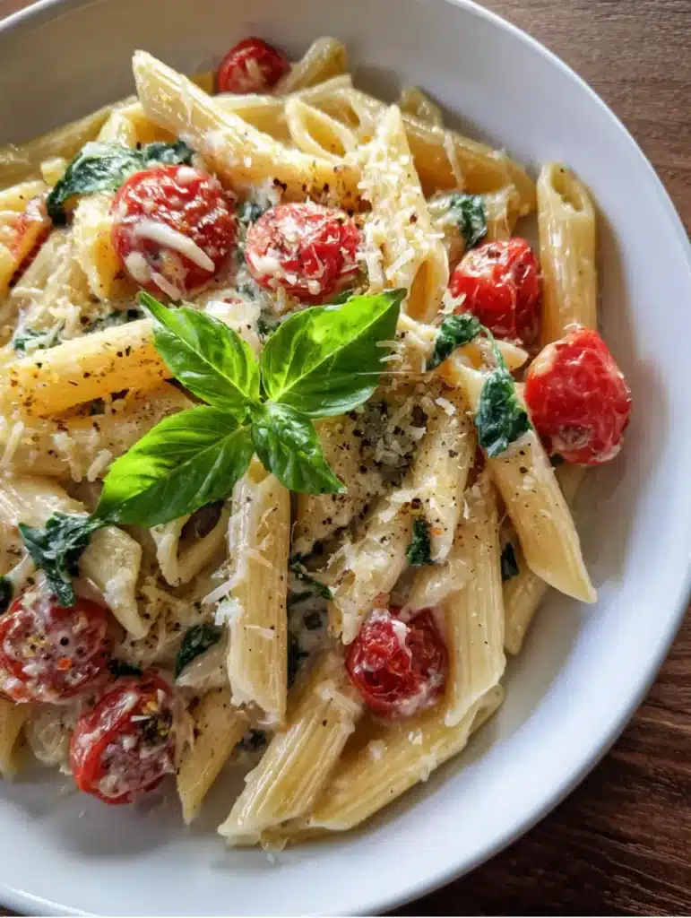 A creamy Tuscan pasta with sun-dried tomatoes, spinach, and chicken in a white bowl