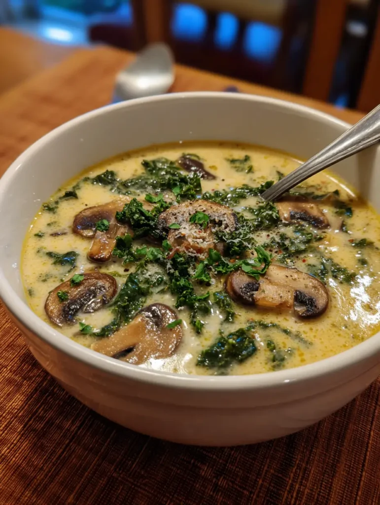 Rustic bowl of creamy soup topped with sautéed mushrooms and fresh kale leaves