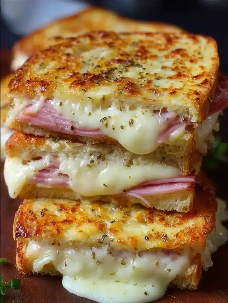 Close-up of crunchy baked ham and cheese toast with melted topping