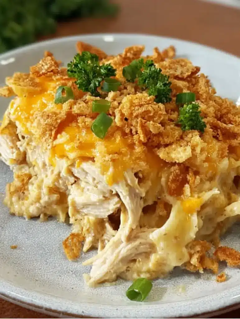 Warm baked casserole served on a plate with creamy filling and crispy topping