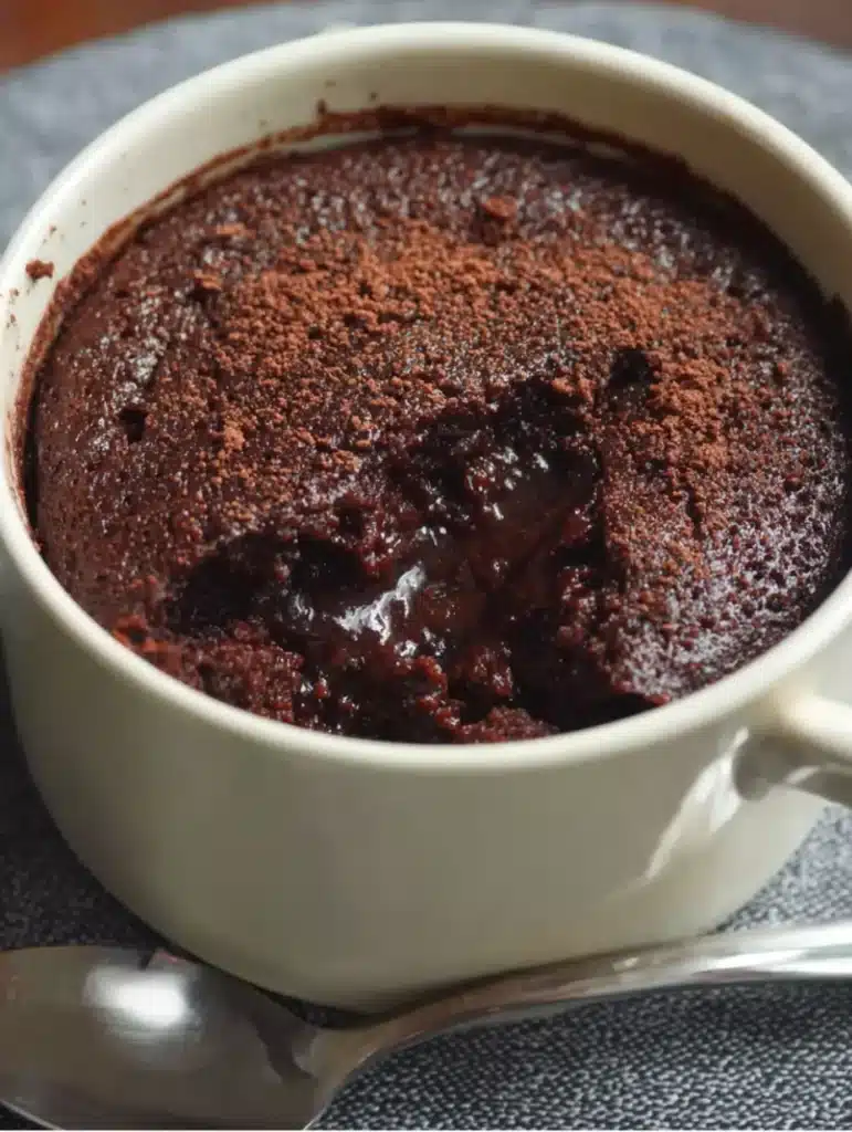 Fluffy and moist chocolate dessert in a mug, topped with chocolate shavings