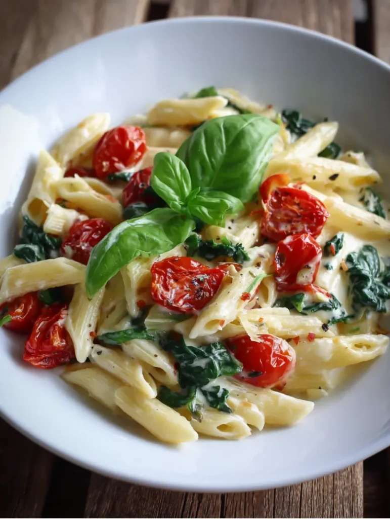 Creamy pasta with spinach, sun-dried tomatoes, and Parmesan, garnished and ready to serve